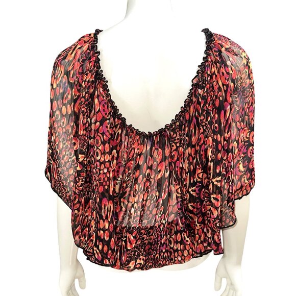 Ultra Pink Medium Sheer Flutter Sleeve Blouse Red Orange Abstract Dot Print Top - Picture 4 of 10